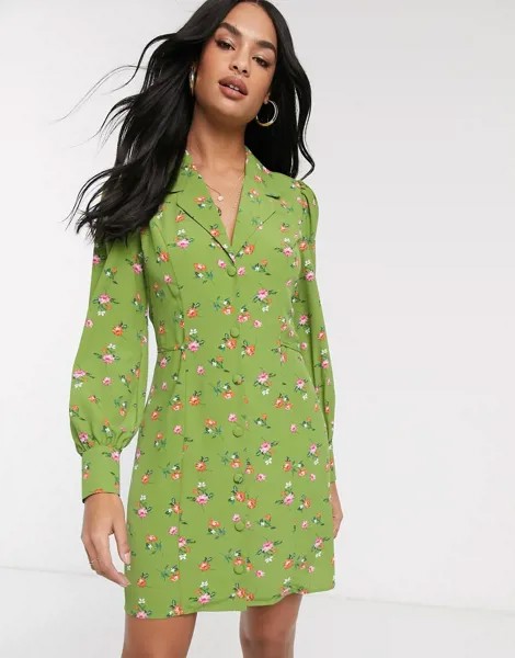 Платье мини на пуговицах с цветочным принтом Fashion Union-Зеленый