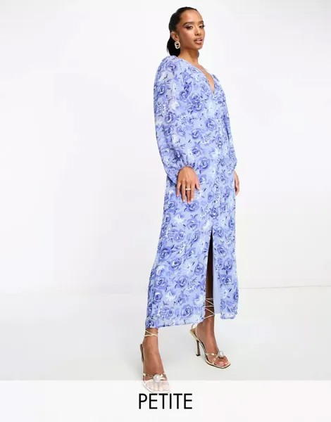 Синее платье макси на пуговицах с V-образным вырезом и цветочным принтом Vila Petite