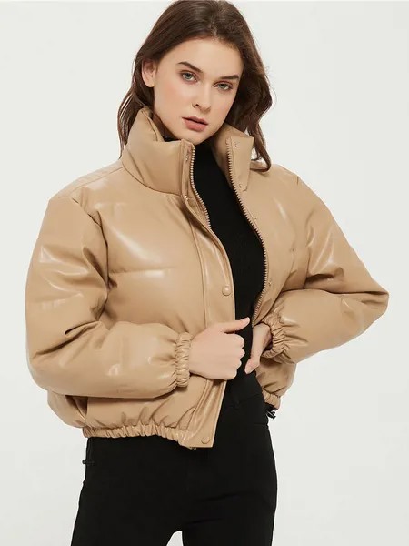 Milanoo Women\'s Cotton Jacket Khaki Stand Collar Long Sleeve Leather Warmth Preservation Winter Qui