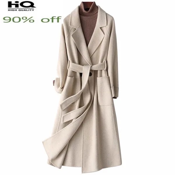 Осеннее элегантное шерстяное пальто, женские зимние пальто 2022, корейская мода, женская кашемировая длинная куртка + пояс, приталенная верхн...