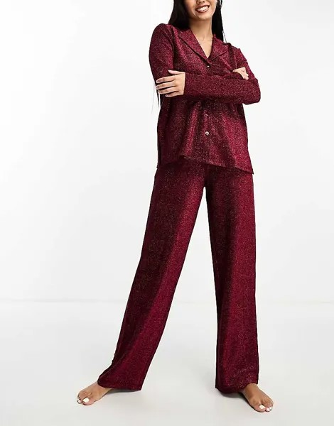 ASOS DESIGN – Блестящая пижама розового цвета, состоящая из рубашки и брюк