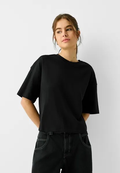 Футболка с принтом BOXY FIT Bershka, цвет black