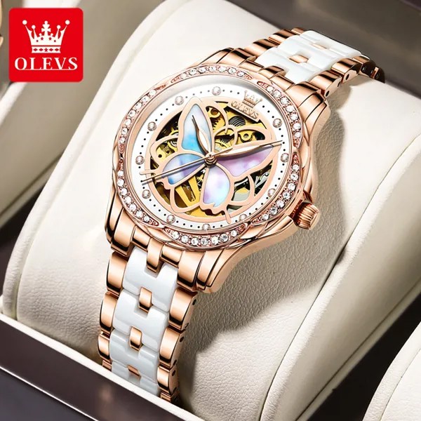 Женские автоматические механические часы OLEVS, роскошные брендовые керамические женские часы, женские часы стразы, наручные часы-скелетоны 6615