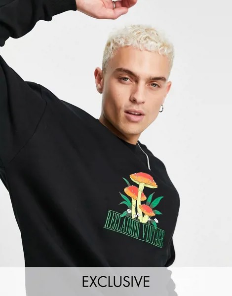 Черный свитшот из органического хлопка с принтом грибов на груди Reclaimed Vintage Inspired-Черный цвет