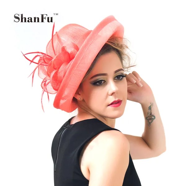 Женская вуалетка с перьями ShanFu, сезон гонок, шляпы Sinamay, Свадебные шляпы для коктейльной вечеринки, цвета слоновой кораллового коралла, SFH9144