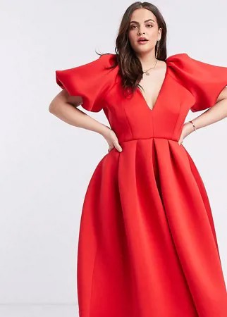Эксклюзивное приталенное платье миди красного цвета для выпускного True Violet Plus-Мульти