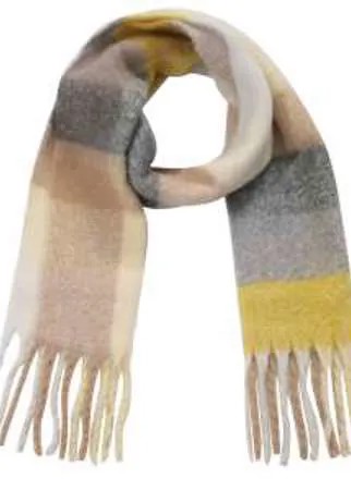 Теплый шарф в желто - серых тонах - стильный аксессуар для холодных дней. Размер изделия 218х37 см. По краям аксессуар украшен бахромой. Такой шарф станет эффектной деталью делового или романтического образа, а также защитит от ветра.
