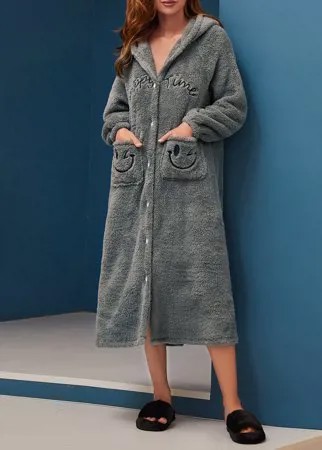 Халат для сна с текстовой и мультипликационной вышивкой на пуговицах из фланели