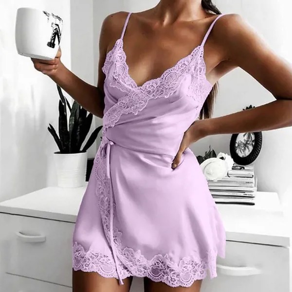 Дамы Шелк Слинг Ночное Платье Женщины Сексуальное Белье Атлас Пижама Кружевная чашка V-образный вырез Пижамная одежда Домашняя одежда