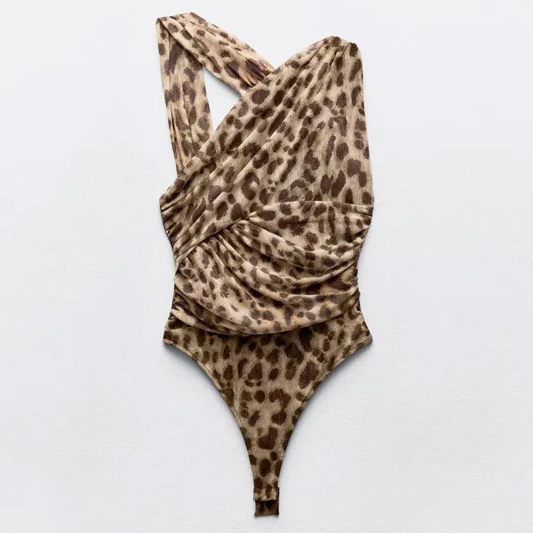 Боди-комбинезон Zara Leopard Asymmetric Draped Tulle, коричневый