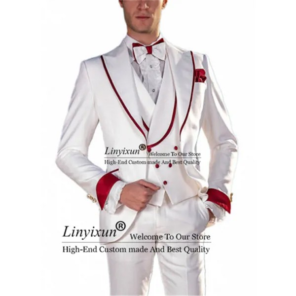 Винтажные белые свадебные костюмы для мужчин, комплект из 3 предметов, смокинг для жениха, шаль, лацканы, мужские брюки телесного цвета, жиле...