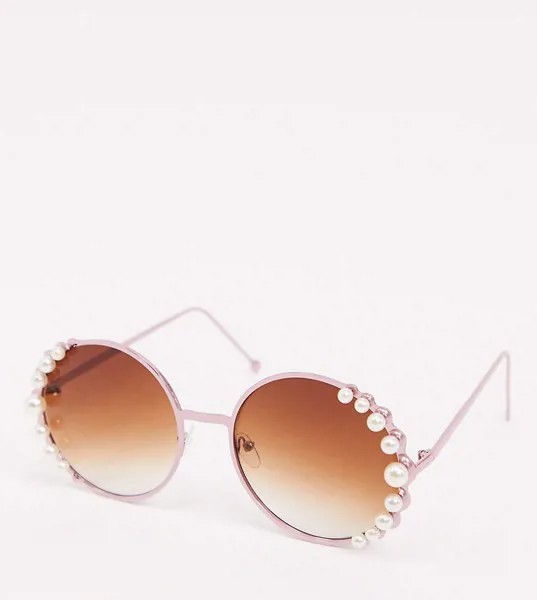 Круглые солнцезащитные очки в розовой оправе с искусственным жемчугом Pieces-Золотой