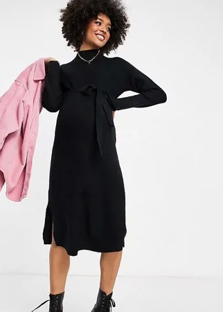 Черное платье-джемпер миди с высоким воротником и поясом New Look Maternity-Черный цвет