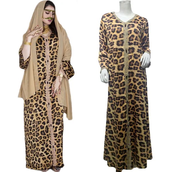 Женское платье с леопардовым принтом, длинное платье макси, халат, марокканский мусульманский джилбаб, индийская одежда