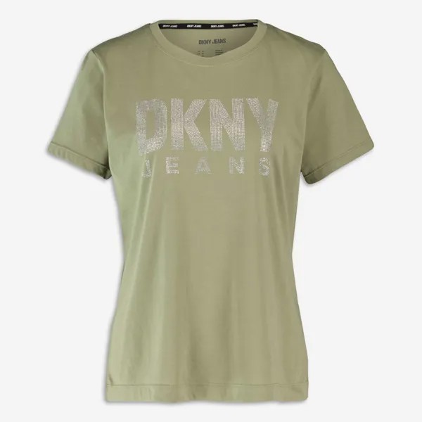 Оливково-зеленая футболка с логотипом из стразов DKNY Jeans
