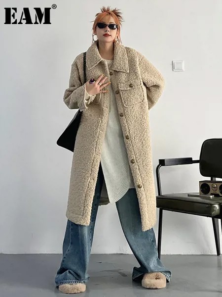 [EAM] абрикосовый большой размер овечья шерсть большой размер длинная куртка новый отворот с длинным рукавом Женское пальто мода осень зима ...