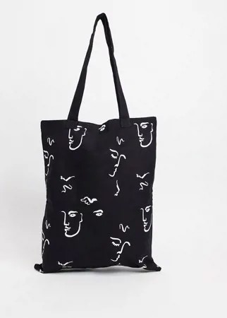 Черная сумка-тоут из плотной парусины с принтом рисунков от руки ASOS DESIGN-Черный цвет