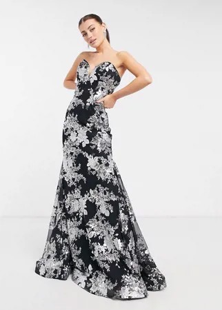 Платье макси без бретелек с юбкой-годе и цветочным принтом черного и белого цветов Jovani-Черный