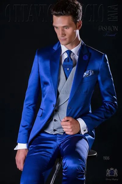 Классические Сатиновые синий Для мужчин костюмы светильник серый жилет мужской костюм для выпускного вечера, Slim Fit мужской пиджак смокинг для мальчиков на выпускной, свадьбу блейзер мужской костюм комплект из 3 предметов