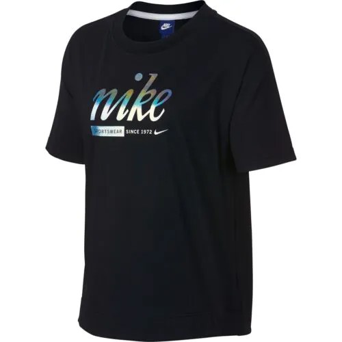 Женский топ с короткими рукавами цвета металлик Nike Sportswear черно-сине-белый ah9963-010