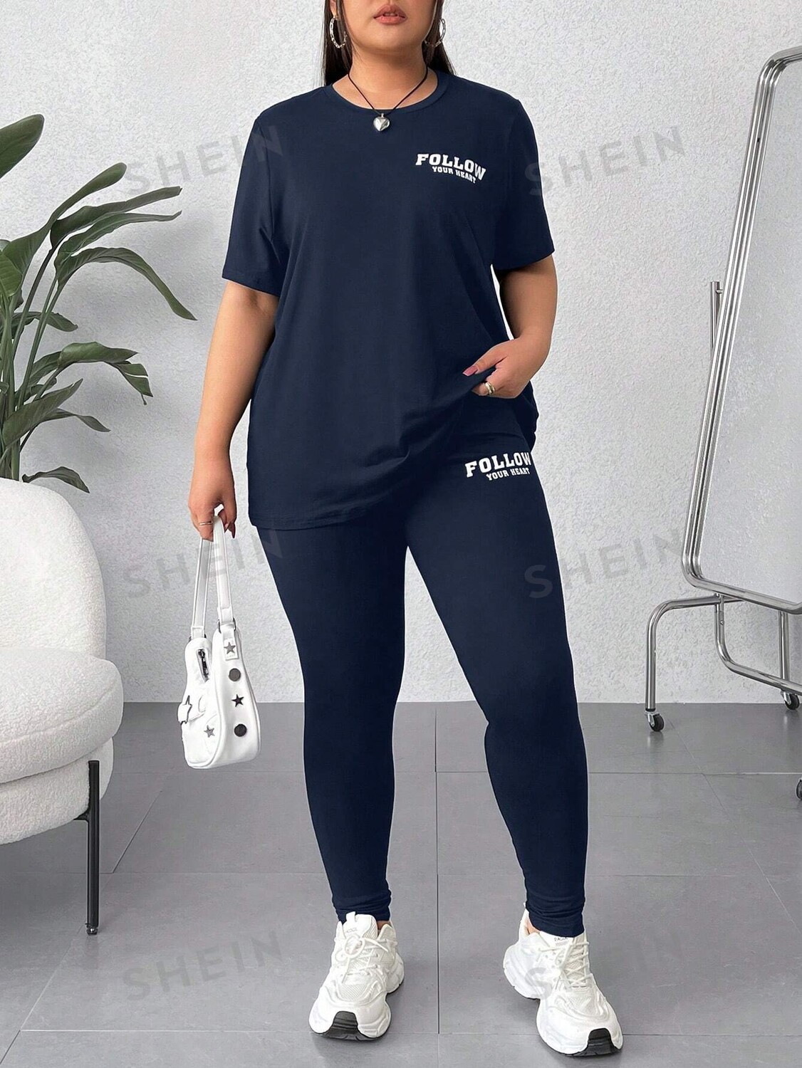 EZwear: Рубашка с коротким рукавом и брюки с принтом, Женский простой повседневный костюм из двух предметов больших размеров Shein, темно-синий