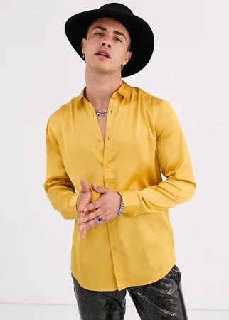 Атласная рубашка классического кроя горчичного цвета ASOS DESIGN-Желтый