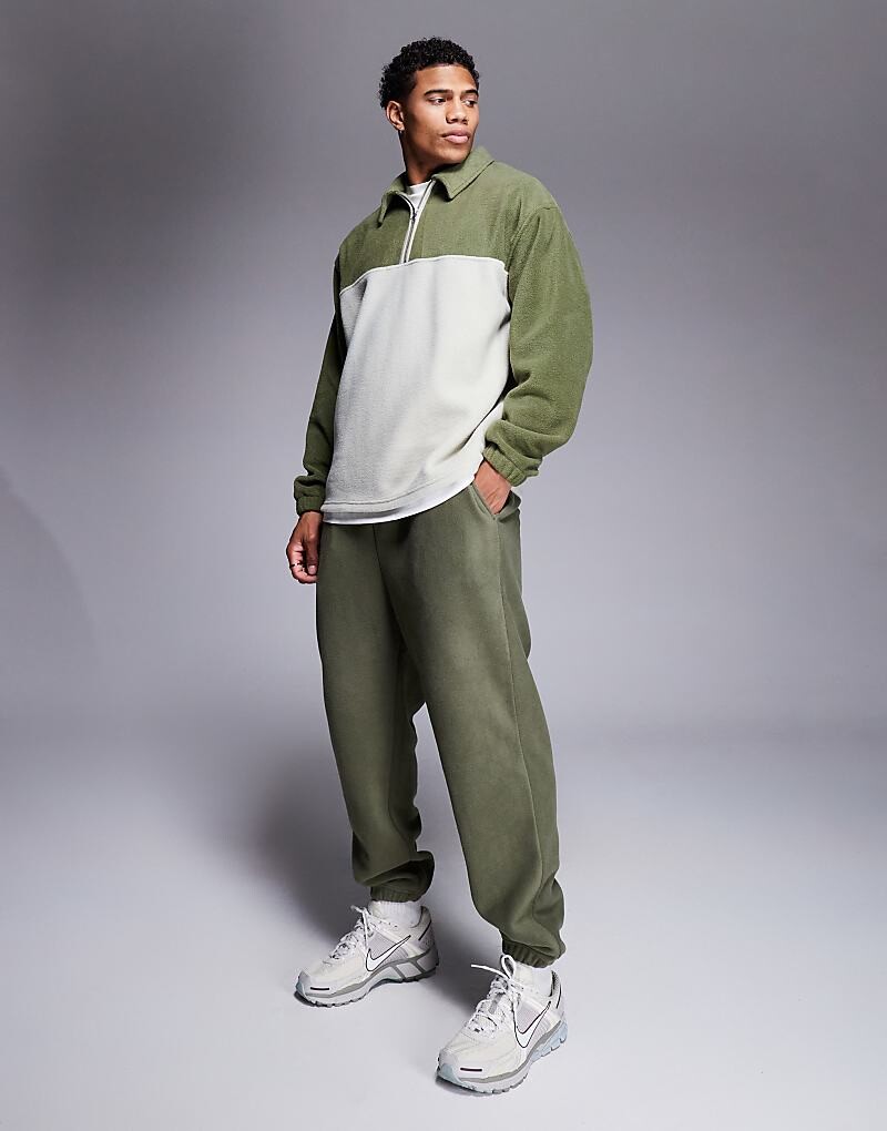 Зелено-серая объемная флисовая толстовка-поло с воротником для регби ASOS DESIGN