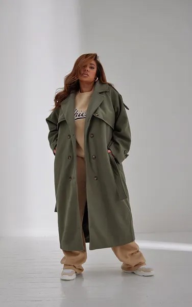 PrettyLittleThing Объемное двубортное пальто цвета хаки с отделкой в ​​стиле милитари
