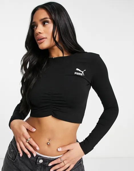 Черный лонгслив со сборками спереди Puma – эксклюзивно для ASOS