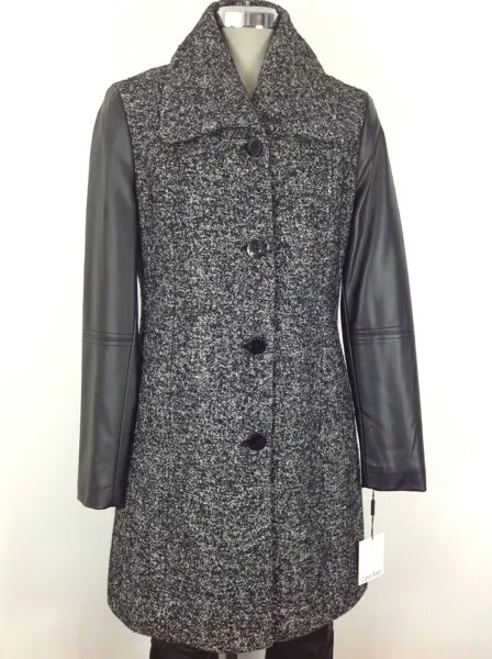 Calvin Klein NWT Modern женское пальто черного/серого цвета с рукавами из искусственной кожи, размер 6
