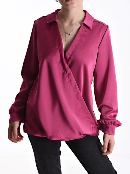 Атласная блузка с v-образным вырезом, лиловый
