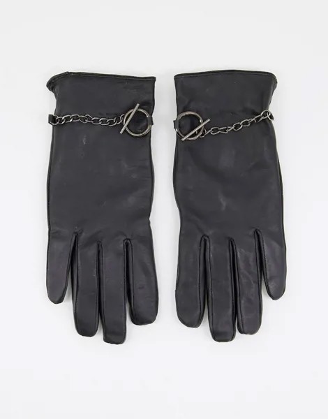 Черные перчатки из натуральной кожи с цепочкой Barney's Originals-Черный