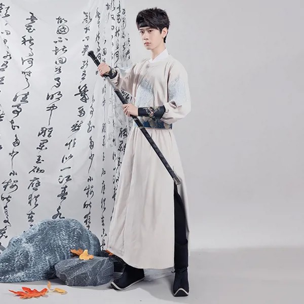 Традиционная китайская одежда для мужчин винтажная династия Хань абрикосовый халат с вышивкой на запястье и поясе простые наряды Hanfu