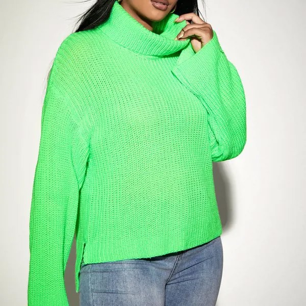 Неоновый зеленый свитер с высоким воротником