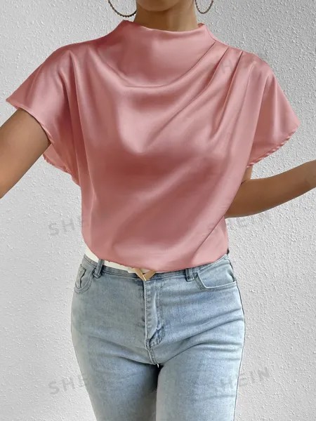 Рубашка Shein Frenchy с круглым вырезом и рукавами, розовый
