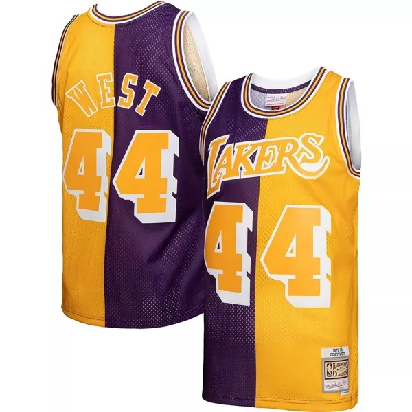 Мужская майка Mitchell & Ness Jerry West фиолетово-золотая Los Angeles Lakers Hardwood Classics 1971-72 Split Swingman Джерси