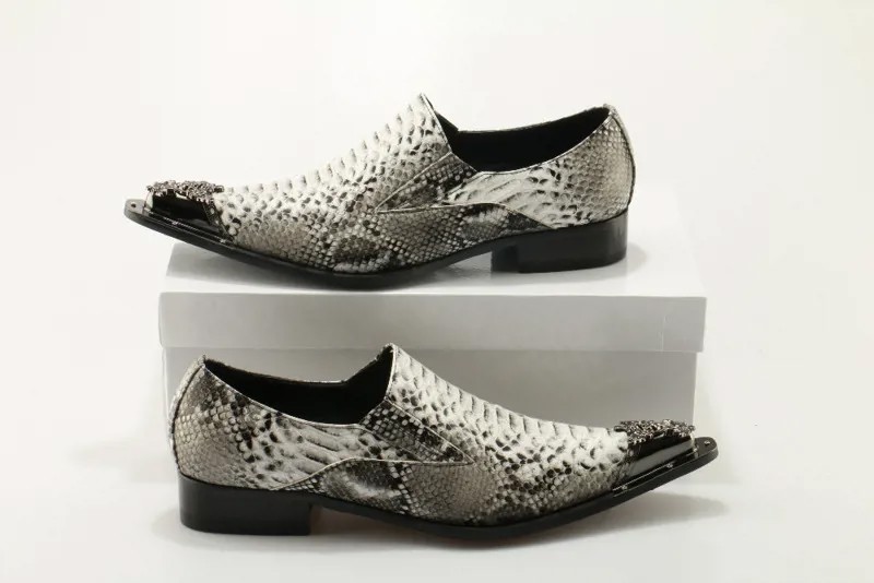 Chaussure Homme/Мужские модельные туфли в итальянском стиле; Туфли-оксфорды с острым металлическим носком; мужские серые лоферы из змеиной кожи