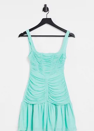 Платье мини цвета морской волны с корсетом и оборкой ASOS DESIGN Petite-Голубой