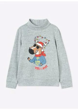 Серая водолазка с новогодним принтом Yes I am для мальчика Gloria Jeans, размер 2-3г/98