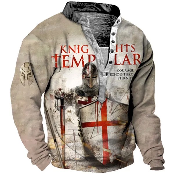 Мужская винтажная толстовка с длинными рукавами и воротником-стойкой Templar Cross Henley