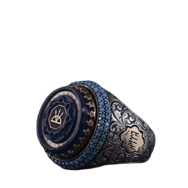 Мексиканское кольцо из голубого янтаря, натуральный драгоценный камень, искусственное серебро, мужские ювелирные изделия ручной работы, ту...