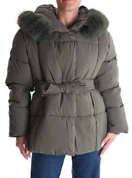 Куртка-пуховик с поясом на пуговицах, с капюшоном и карманами, светло-оливковый