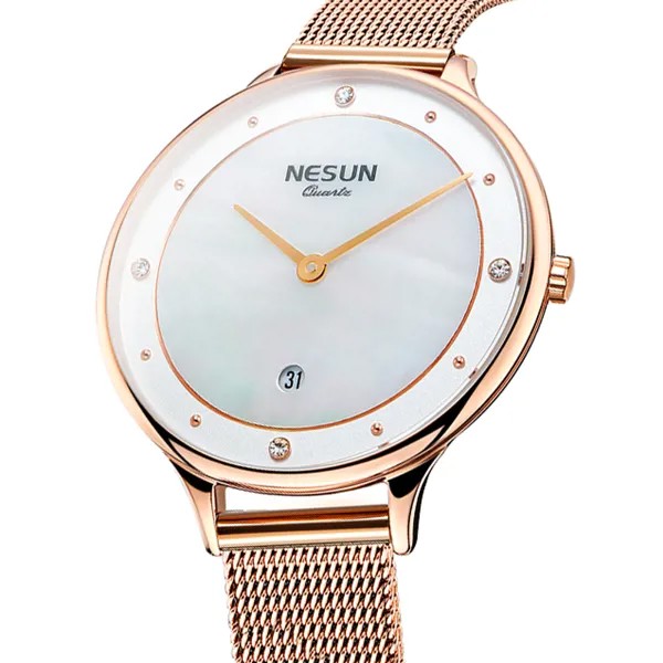 Новые швейцарские женские часы NESUN, лучший роскошный бренд, японские импортные кварцевые часы с жемчугом, часы со стразами, водонепроницаемые часы N8805
