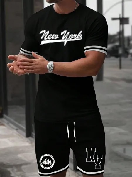 Мужской комбинированный комплект из футболки и шорт с короткими рукавами Manfinity Sporsity с буквенным принтом, черный