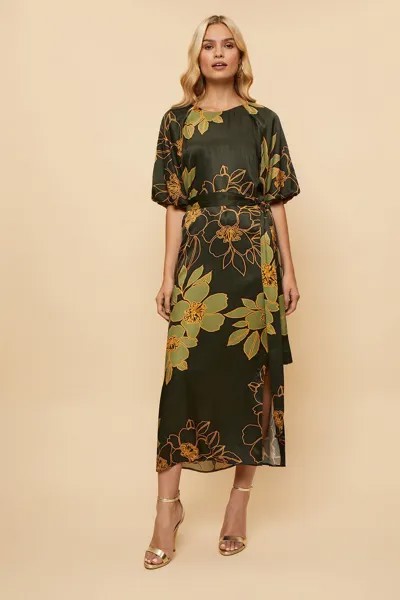 Атласное платье-миди с цветочным принтом Wallis, зеленый