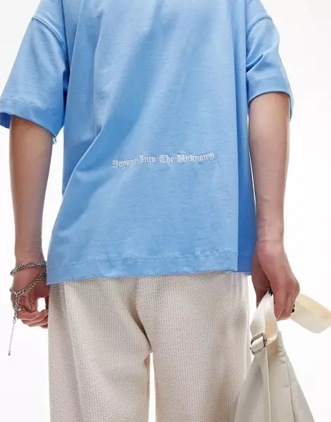Синяя футболка оверсайз Topman с экзистенциальной вышивкой на груди и спине