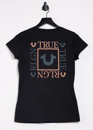 Черная футболка с V-образным вырезом и квадратным принтом на спине True Religion-Черный цвет