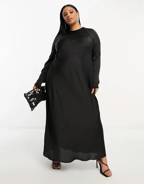 Черное атласное платье макси с пуговицами ASOS DESIGN Curve