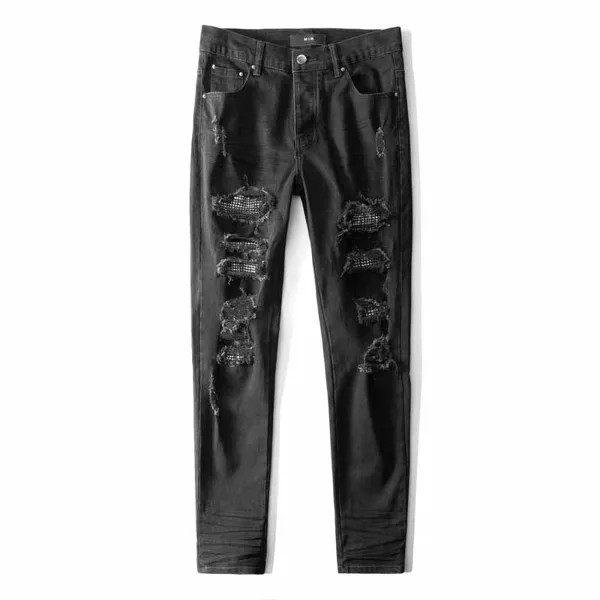 Новые поступления 2022, облегающие джинсы American Street AMR для мужчин и женщин, рваные джинсы со стразами, прямые черные джинсы для мужчин