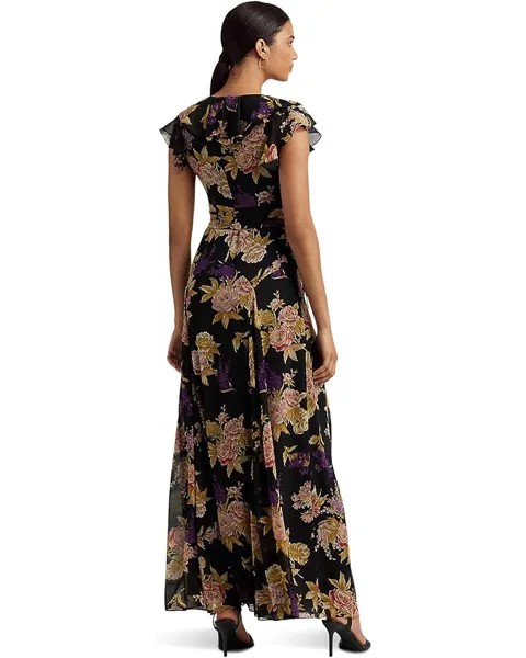 Платье LAUREN Ralph Lauren Floral Belted Crinkle Georgette Gown, цвет Black/Tan/Multi